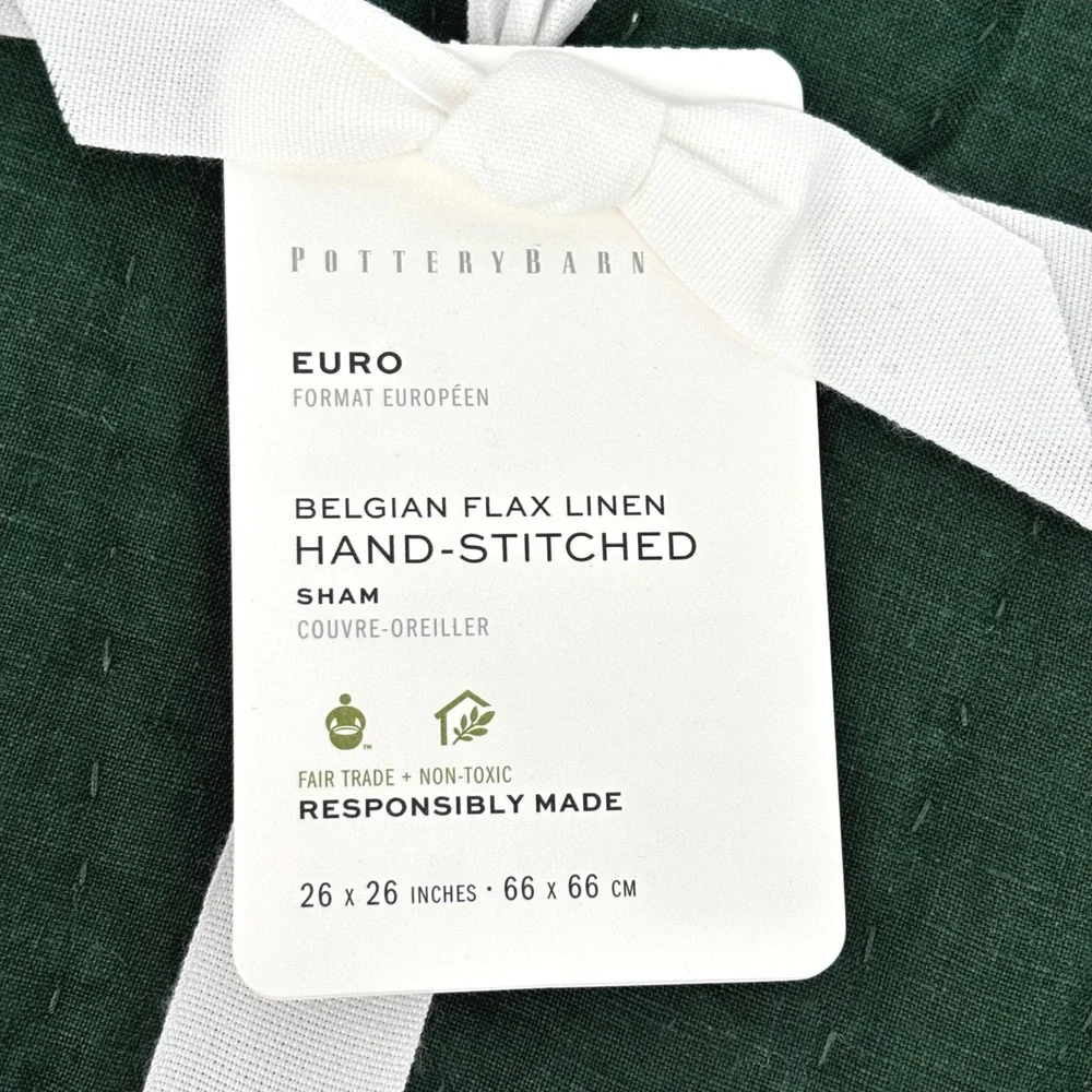 NEW Pottery Barn Belgian Flax Linen Hand-Stitched Euro Sham Set of 2 Pine Green